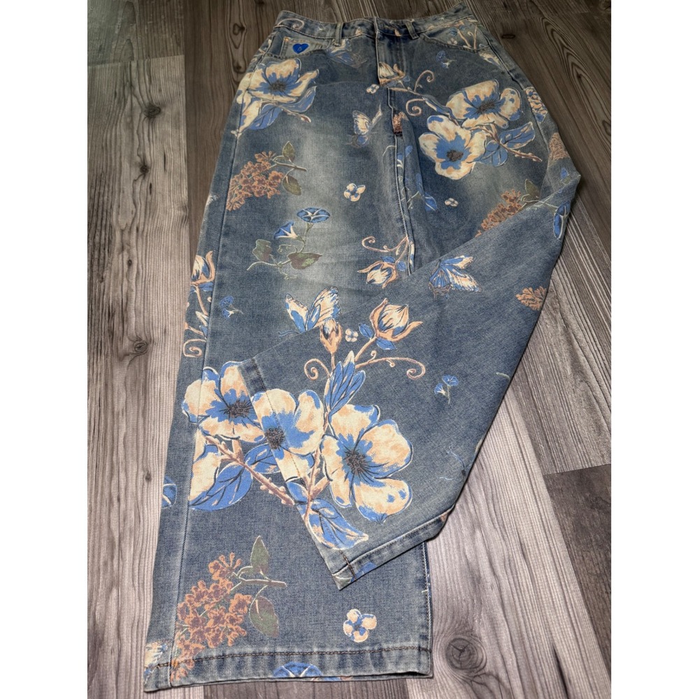 Aelfric Eden Vintage Floral Butterfly Print Wide Leg Jeans Blue Denim Size 28
